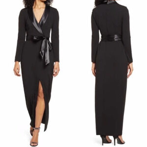 NWOT Eliza J Tuxedo Wrap Maxi Gown Women's Satin Collar Long Sleeve Black Size 4